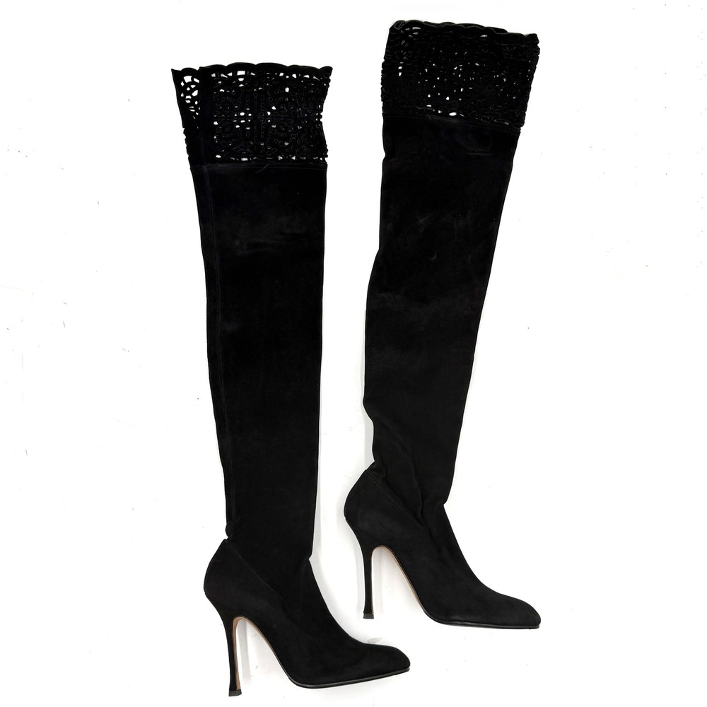 Manolo Blahnik Black Over-the-Knee Lace-Trim Boots - Picture 3 of 13